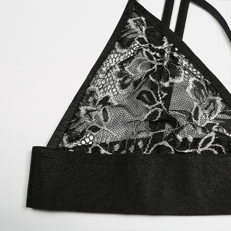 F5370 Black Crochet Lace Embellished Crossed Collar Bra